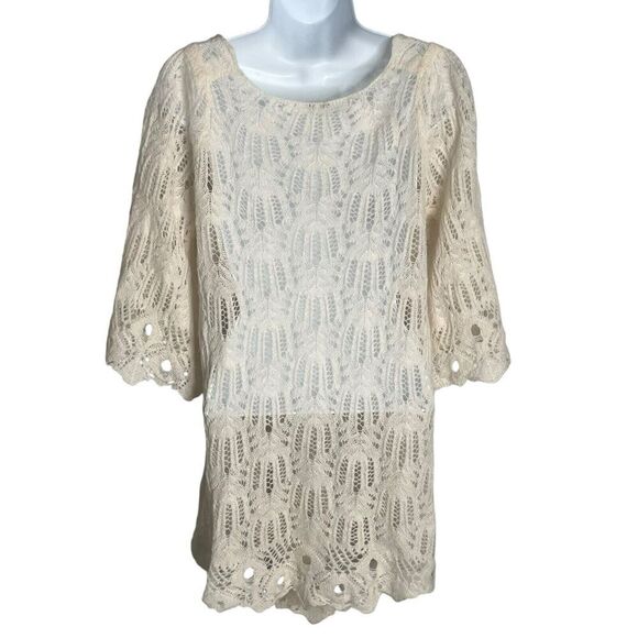 Free People Size S/P Crochet Lace Tunic Sweater Delicate Wool Angora Cream - Picture 5 of 10